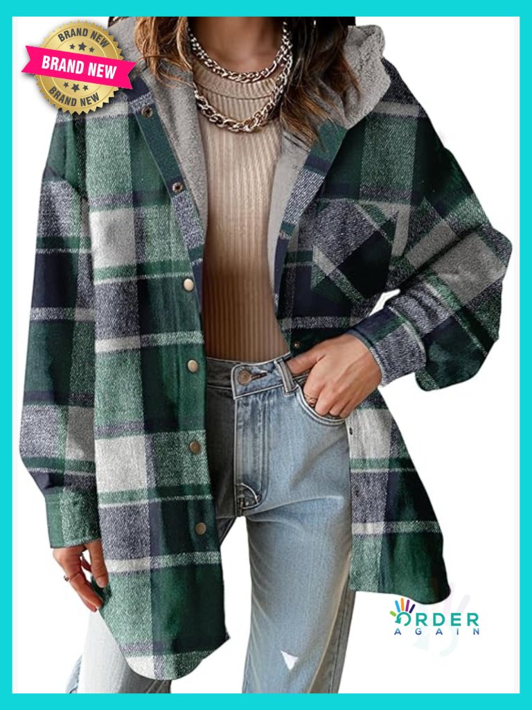 Flannel Hooded Shacket Thick Winter Coat Button Down Warm Fuzzy Fleece Jacket